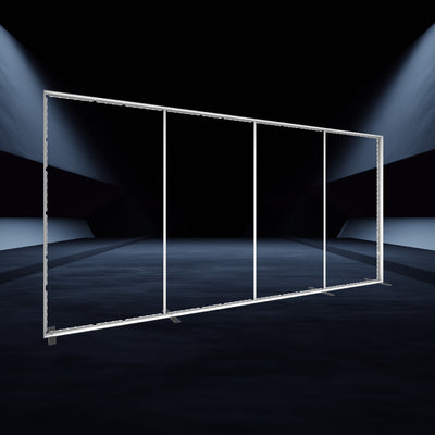 Large modular frame display illuminated by spotlights, ideal for trade shows, exhibitions, and events