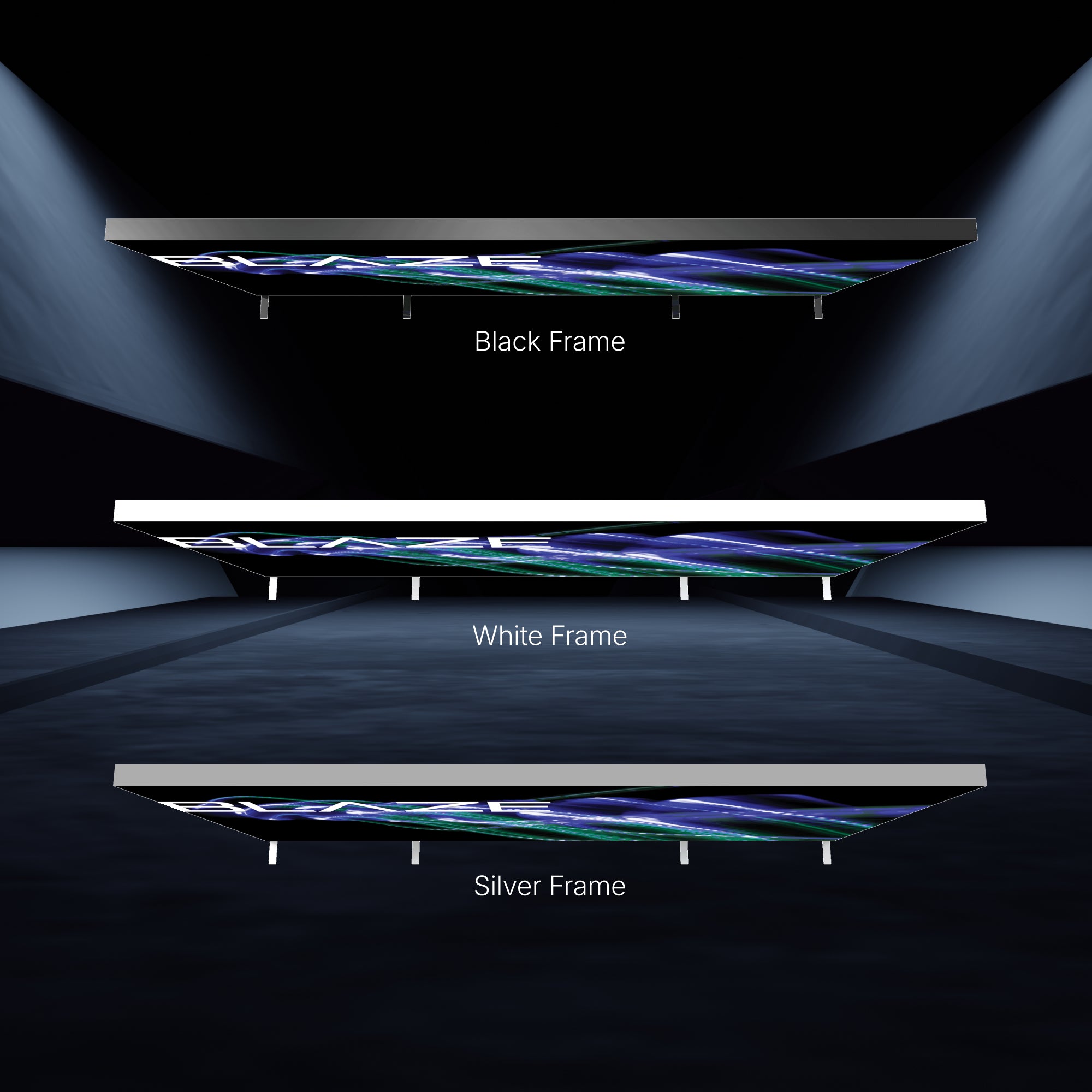 Thin light box displays with black, white, and silver frames for trade shows and exhibitions