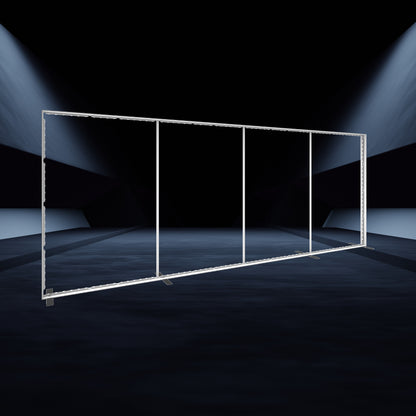 Large modular frame structure for trade shows and exhibitions with integrated lighting on dark event stage