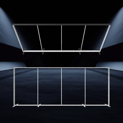 Modular trade show light box frame setup with illuminated edges in exhibition space