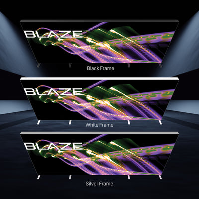 Three large illuminated trade show displays with different frame options showcasing abstract light designs for exhibitions and events