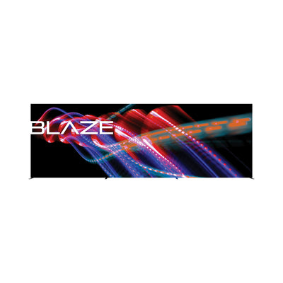Large illuminated trade show display panel with dynamic light streak graphics and BLAZE branding
