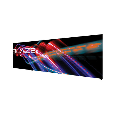 Large illuminated trade show display panel with dynamic light trail graphics and Blaze branding