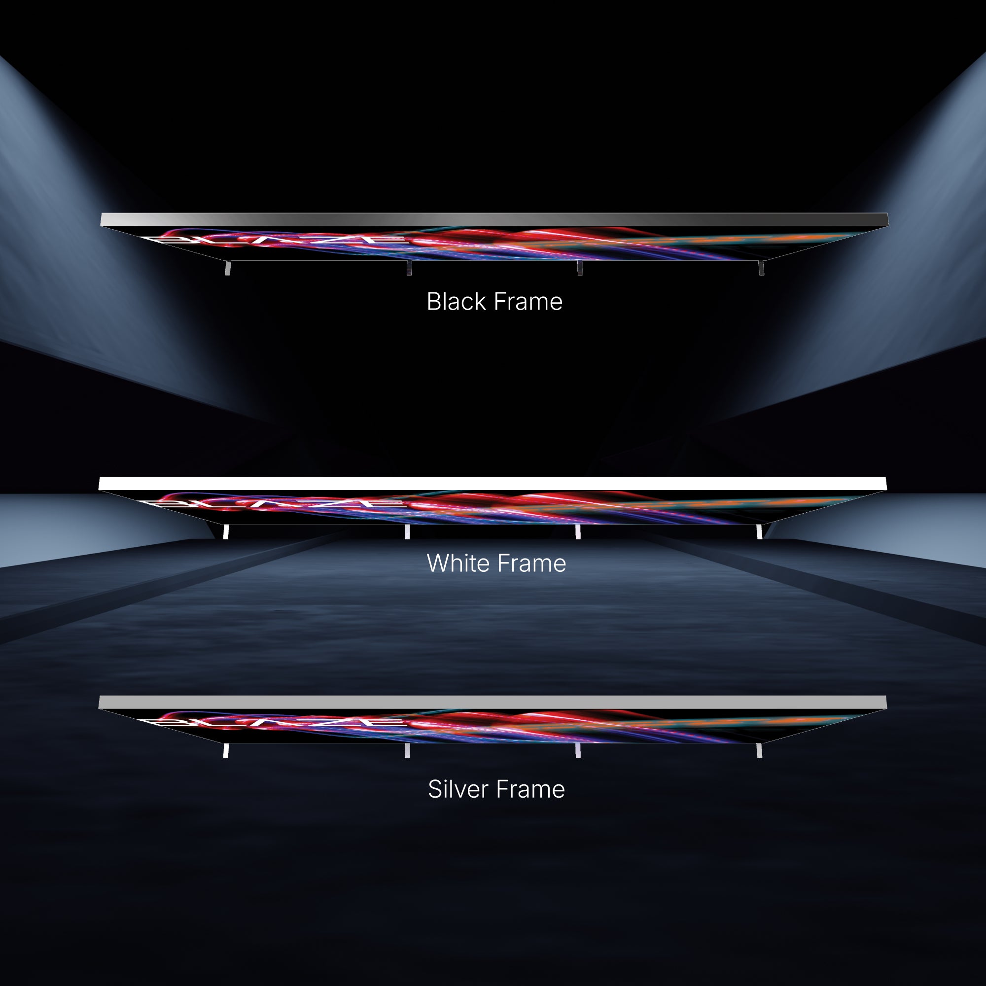 Thin light box displays with black, white, and silver frames for trade shows and exhibitions