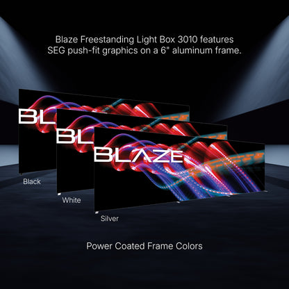 Blaze freestanding light boxes with SEG push-fit graphics on aluminum frames for trade shows and exhibitions