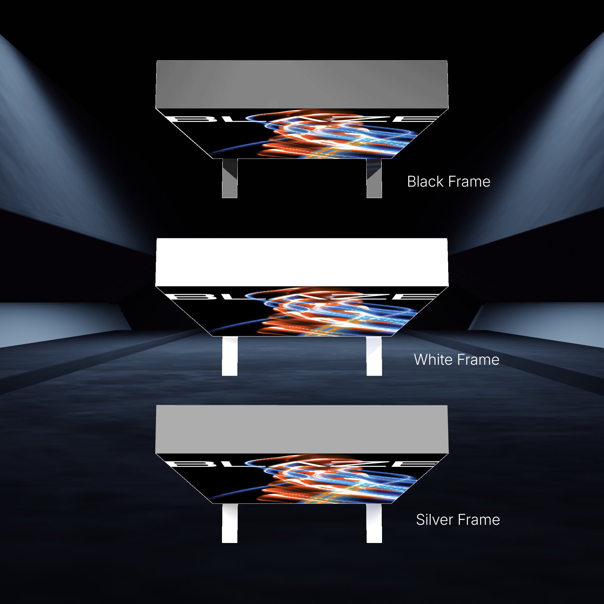 Three illuminated trade show displays with different frame options showcasing vibrant graphics in a dark exhibition setting