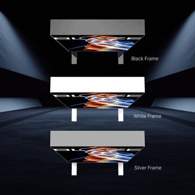 Three illuminated trade show displays with different frame options showcasing vibrant graphics in a dark exhibition setting
