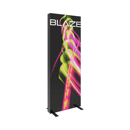Tall fabric display stand with dynamic light trail design and branding text for trade shows and exhibitions
