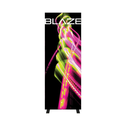Vertical light box display with dynamic abstract light trails and BLAZE branding for trade shows