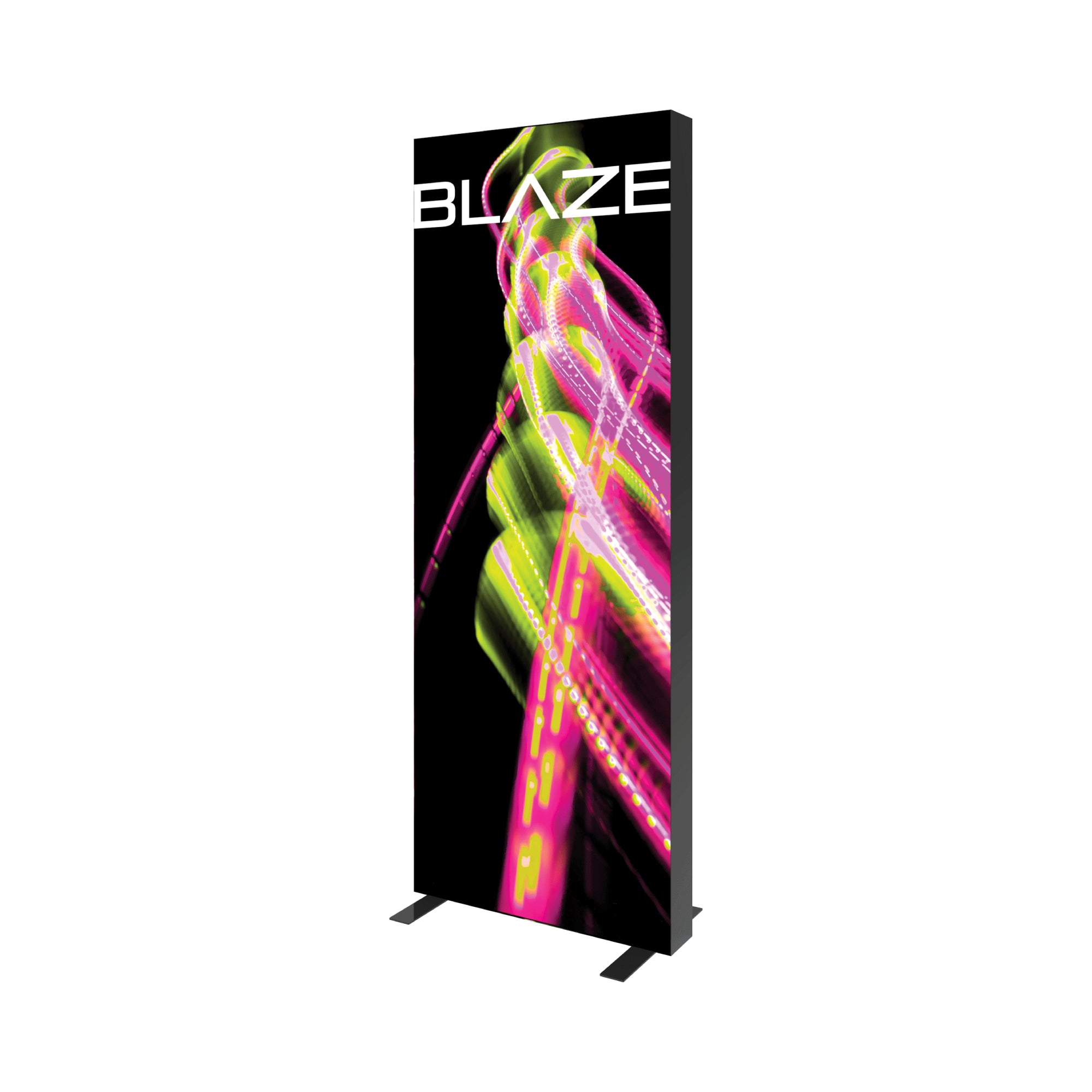 Tall trade show lightbox display with abstract light streaks and Blaze branding for exhibitions and events