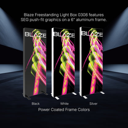Three freestanding Blaze light boxes with SEG push-fit graphics on aluminum frames for trade shows and exhibitions