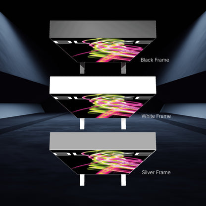 Three illuminated trade show light boxes with different frame options for exhibitions and events