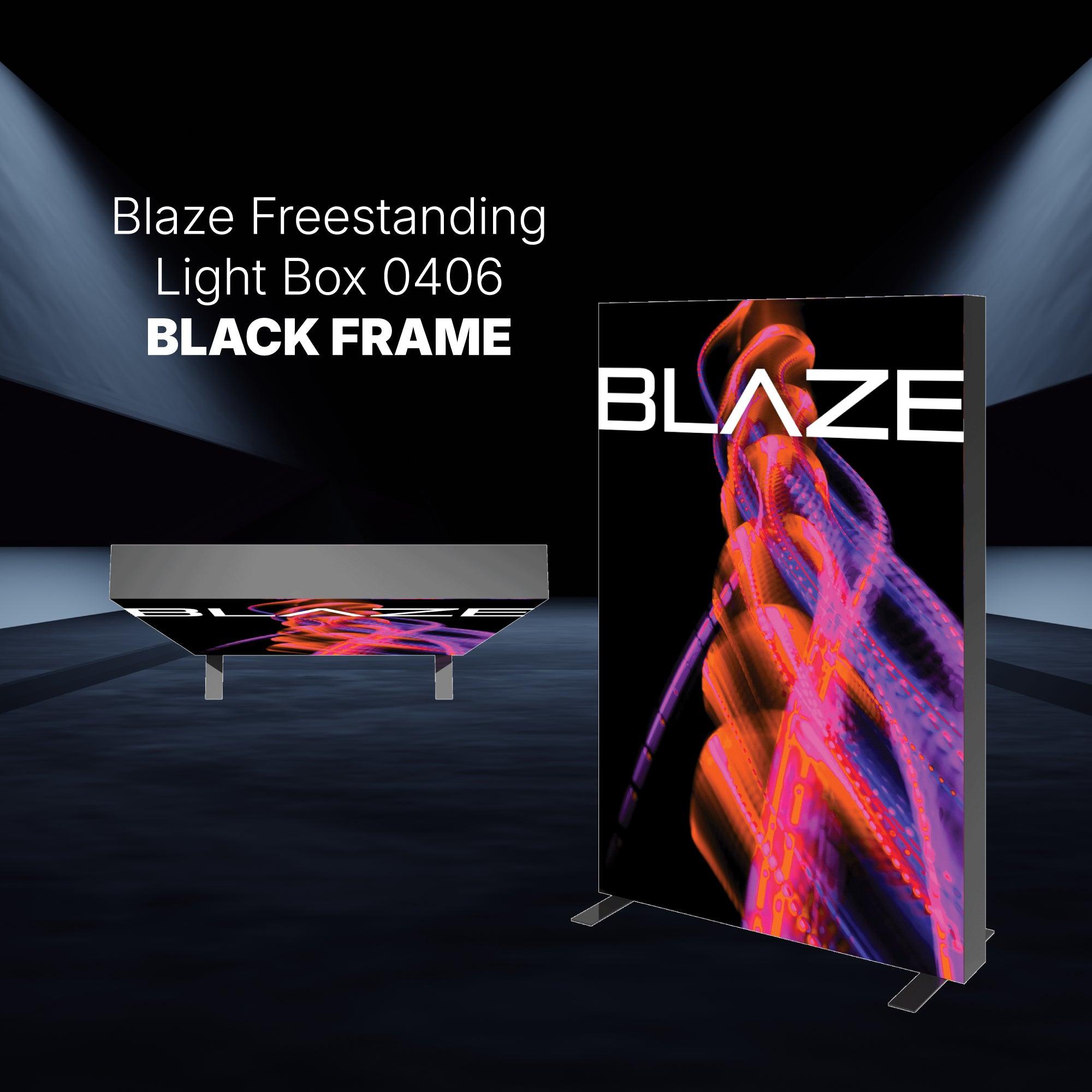 Blaze freestanding light box 0406 with black frame showcasing vibrant graphic for trade shows and exhibitions