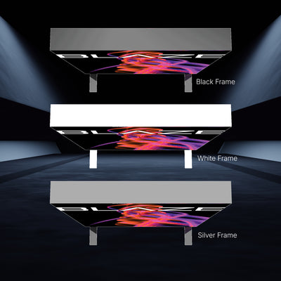 Three illuminated light box displays with different frame options for trade shows and exhibitions
