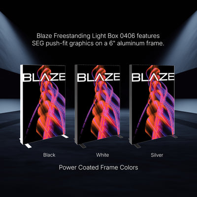 Three Blaze freestanding light boxes with SEG push-fit graphics for trade shows and exhibitions