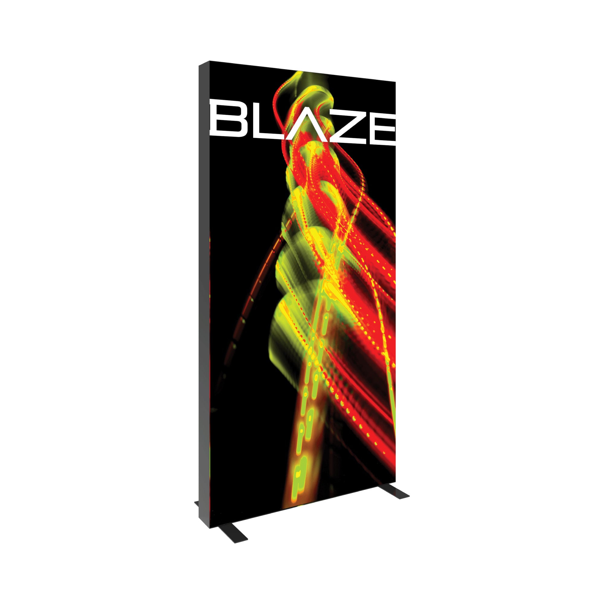 Tall fabric trade show display with abstract light streaks and BLAZE branding for exhibitions and events