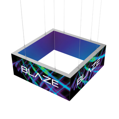 Suspended square light box display with Blaze branding for trade shows and exhibitions