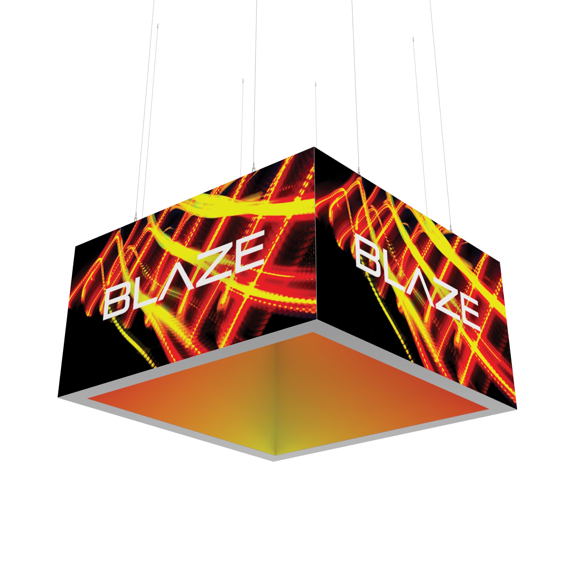 Suspended square hanging light box with dynamic graphic and BLAZE logo for trade shows and exhibitions