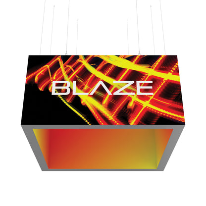 Hanging illuminated trade show light box with dynamic abstract graphic and BLAZE branding for exhibitions