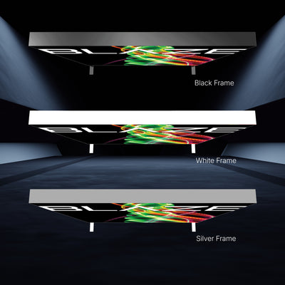 Overhead illuminated trade show displays with three frame options for exhibitions and special events
