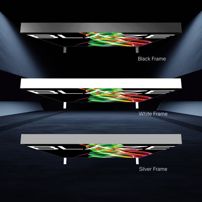 Overhead illuminated trade show displays with three frame options for exhibitions and special events