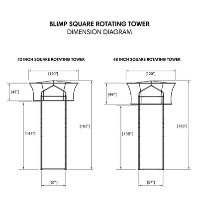 Dimension diagram of blimp square rotating towers showing sizes ideal for trade show and exhibition displays