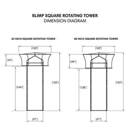 Dimension diagram of blimp square rotating towers showing sizes ideal for trade show and exhibition displays