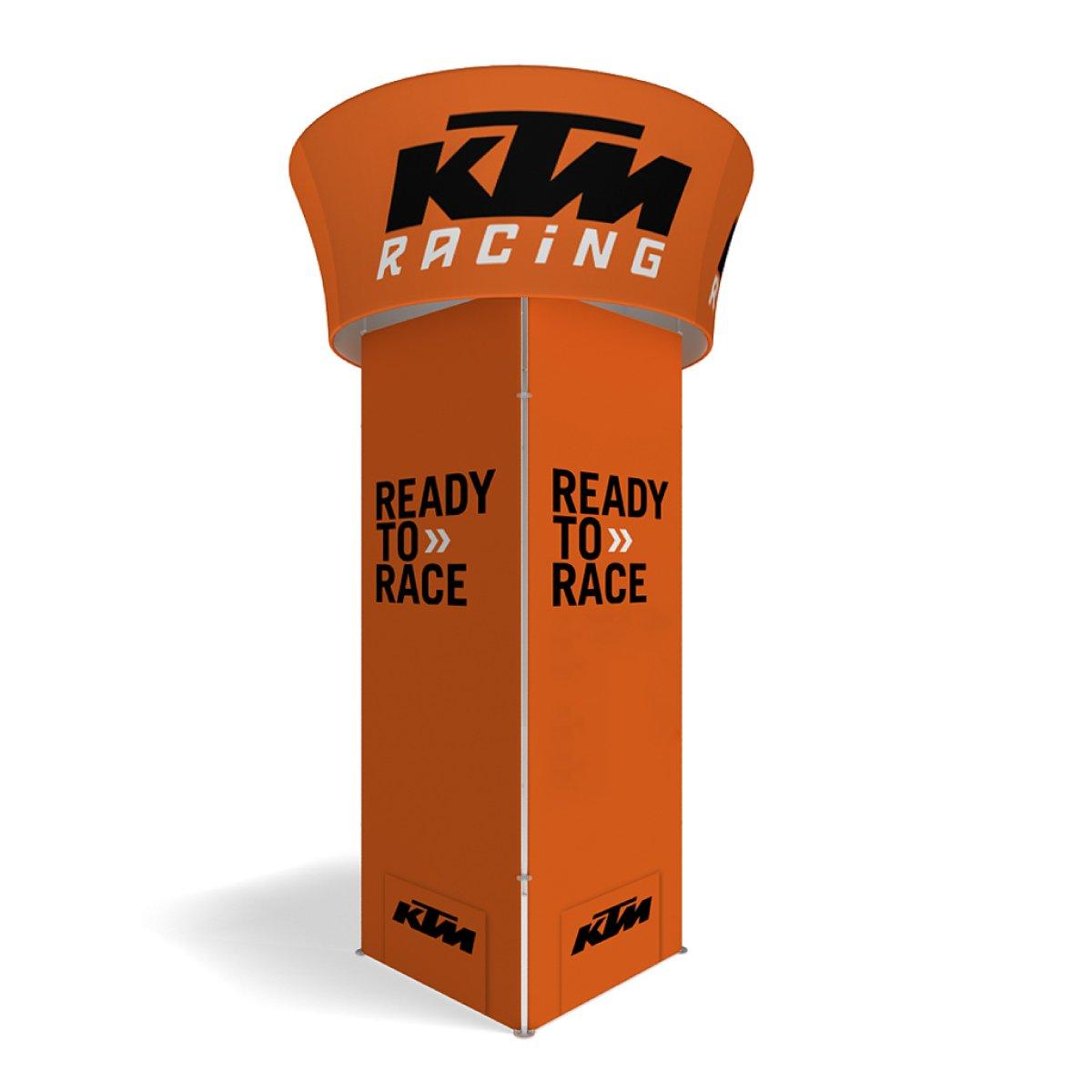 Rotating tower display with KTM Racing branding and Ready to Race text for trade shows and exhibitions