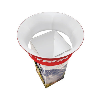 Rotating tower display with circular top ring and square base for trade show branding and exhibition advertising