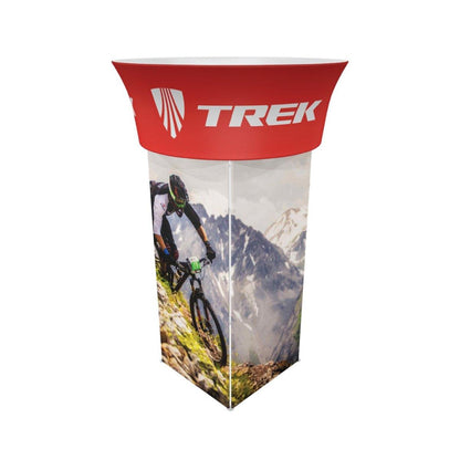 Rotating tower display with mountain bike and outdoor adventure graphics for trade shows and exhibitions