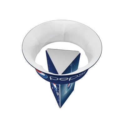 Rotating triangular tower trade show display with circular hanging banner for exhibitions