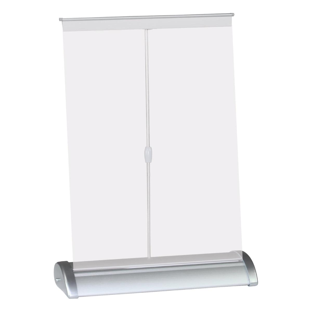 Compact tabletop banner stand for trade shows and events with telescopic support