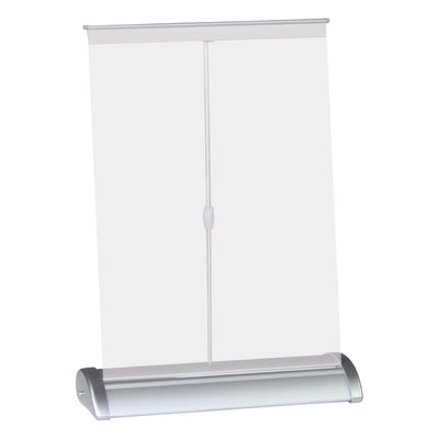 Compact tabletop banner stand for trade shows and events with telescopic support