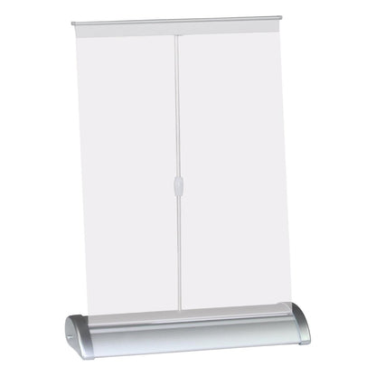 Compact tabletop banner stand for trade shows and events with telescopic support