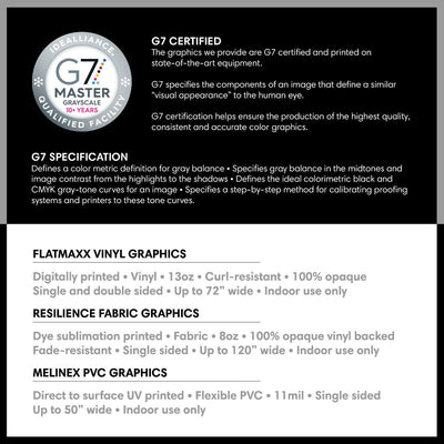 Trade show banner stand featuring high-quality G7 certified vinyl and fabric graphics for exhibitions and events