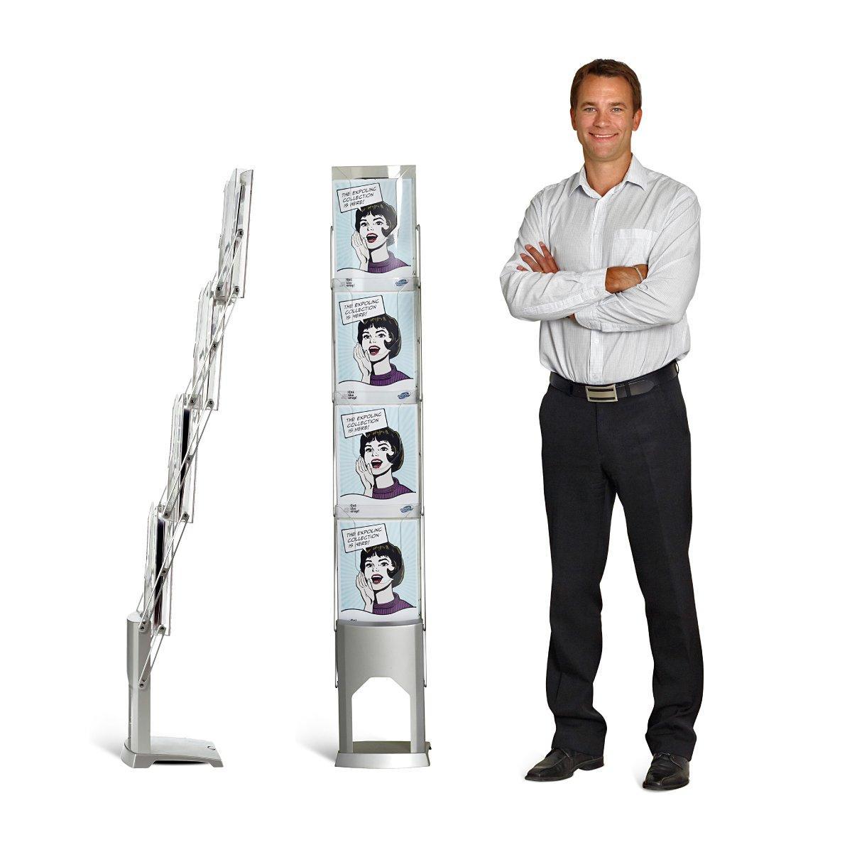 Collapsible brochure stand with four display pockets holding flyers for trade shows and exhibitions, shown beside a man