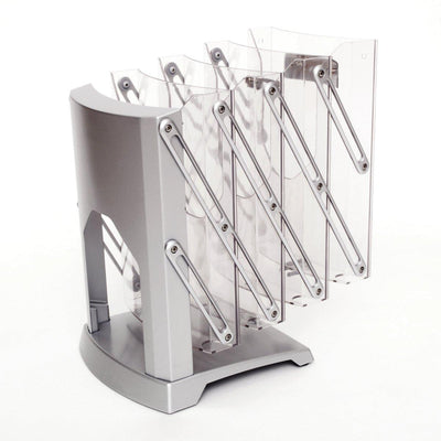 Clear multi-tier brochure stand with angled compartments for trade shows and exhibitions
