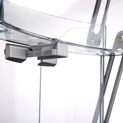 Close-up of a transparent brochure stand latch used for trade shows and events display setup