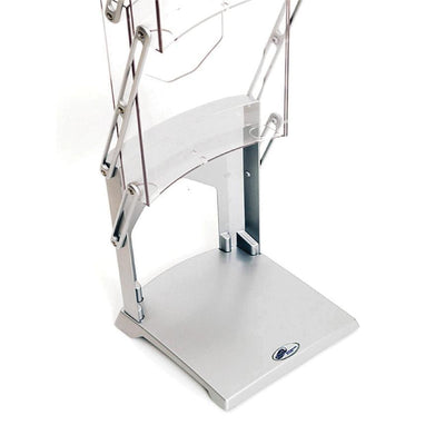 Compact brochure stand with multi-tier clear display shelves for trade shows and exhibitions