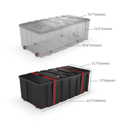 Durable rolling transport cases with secure straps ideal for trade shows and exhibitions, shown with dimensions
