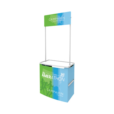 Portable campaign counter with header for trade shows, exhibitions, and special events display