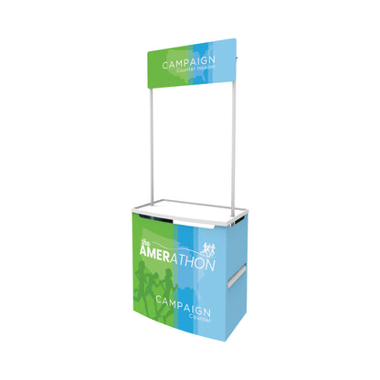 Portable campaign counter with header for trade shows, exhibitions, and special events display