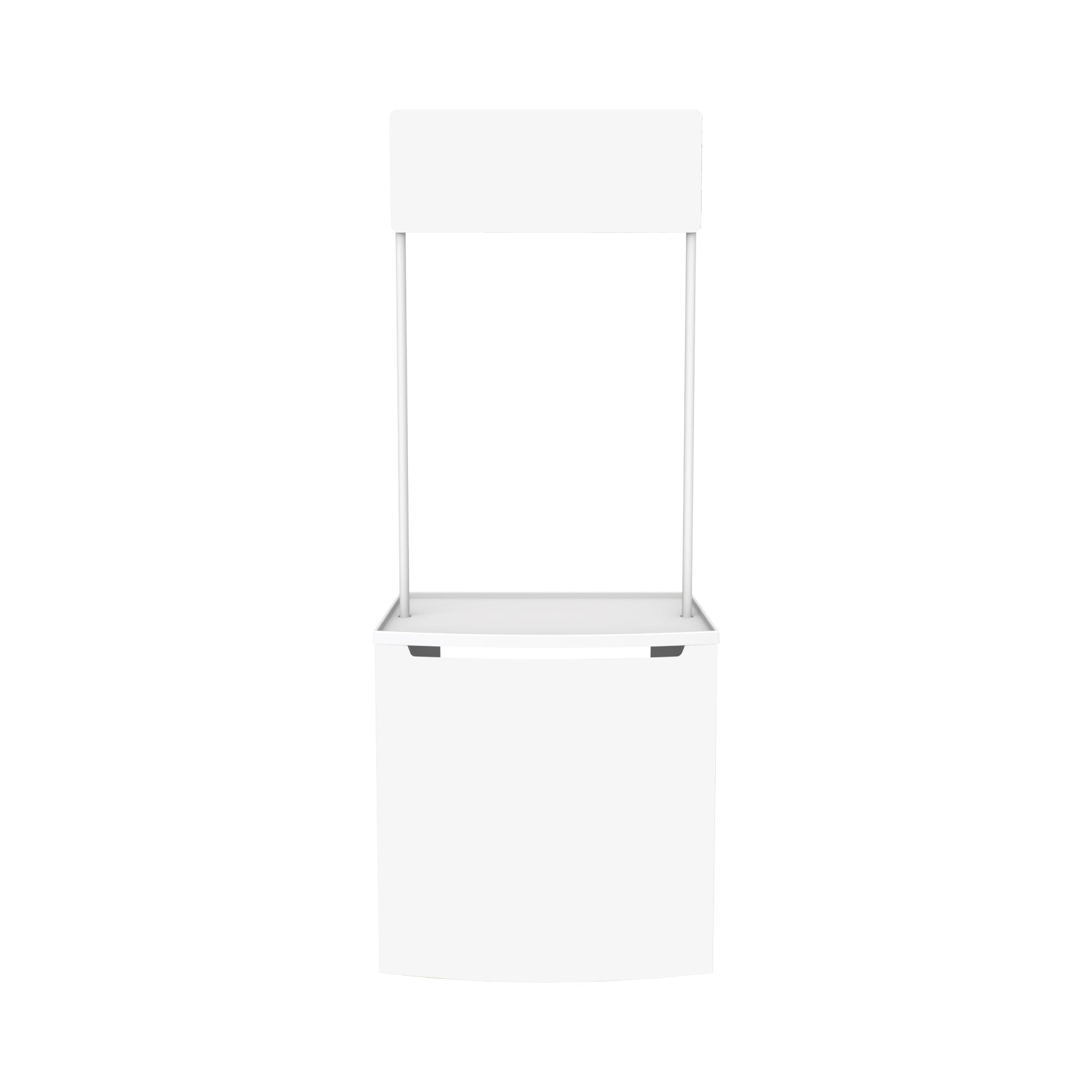 Portable trade show counter with overhead sign, ideal for exhibitions and special event promotions