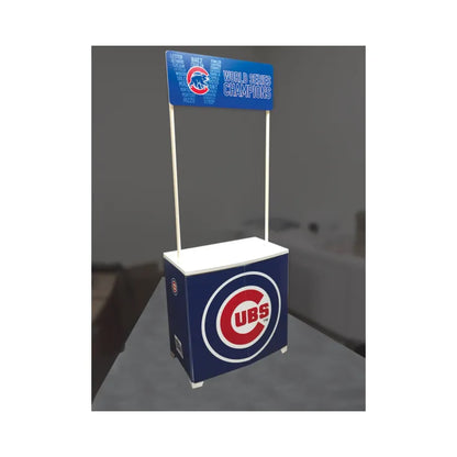 Trade show counter with overhead banner featuring sports team branding for exhibitions and events