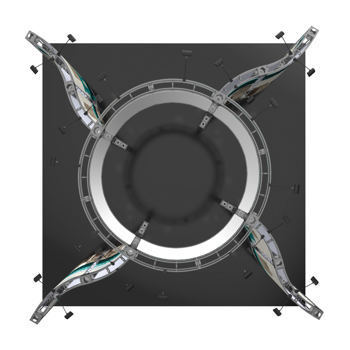 Overhead view of modular exhibition truss frame with curved display panels and spotlights for trade shows