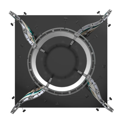 Overhead view of modular exhibition truss frame with curved display panels and spotlights for trade shows
