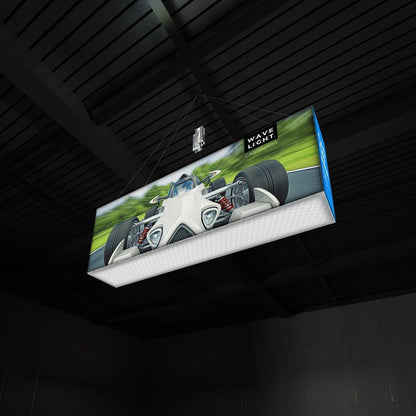 Hanging lightbox display featuring racing car image, designed for trade shows and exhibitions