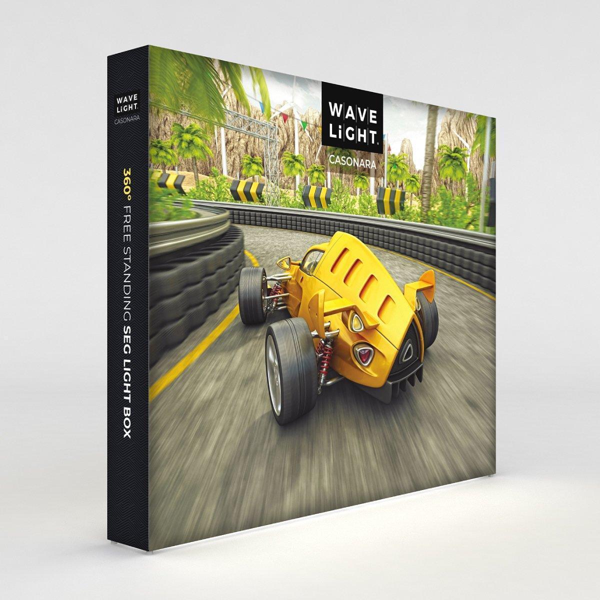 Backlit 10ft freestanding SEG light box showcasing racing car graphic for trade shows and exhibitions