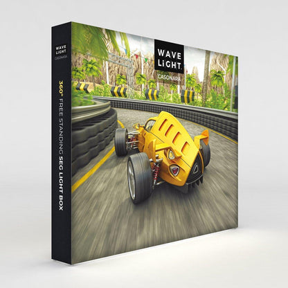 Backlit 10ft freestanding SEG light box showcasing racing car graphic for trade shows and exhibitions