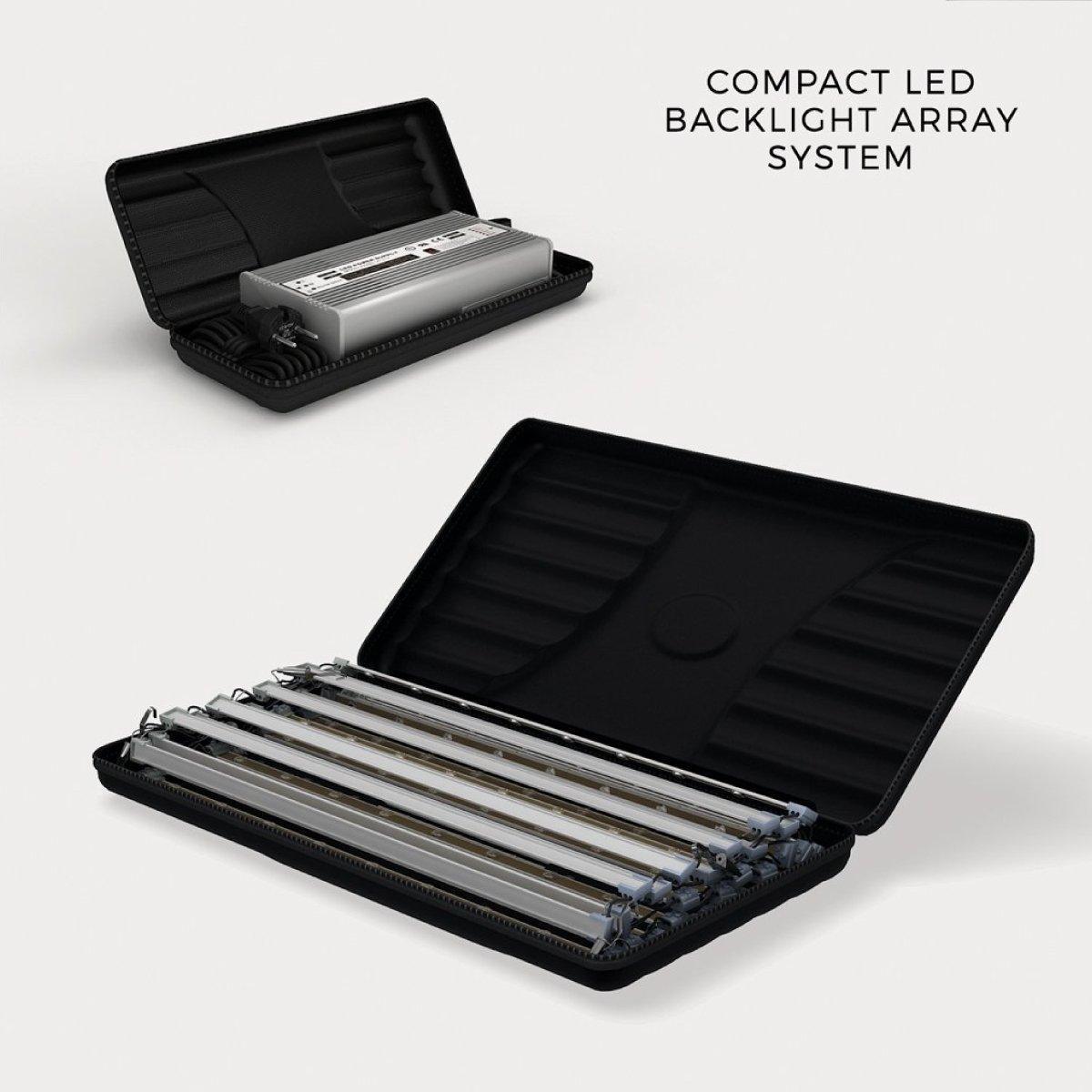 Compact LED backlight array system components in protective cases for trade shows and exhibitions